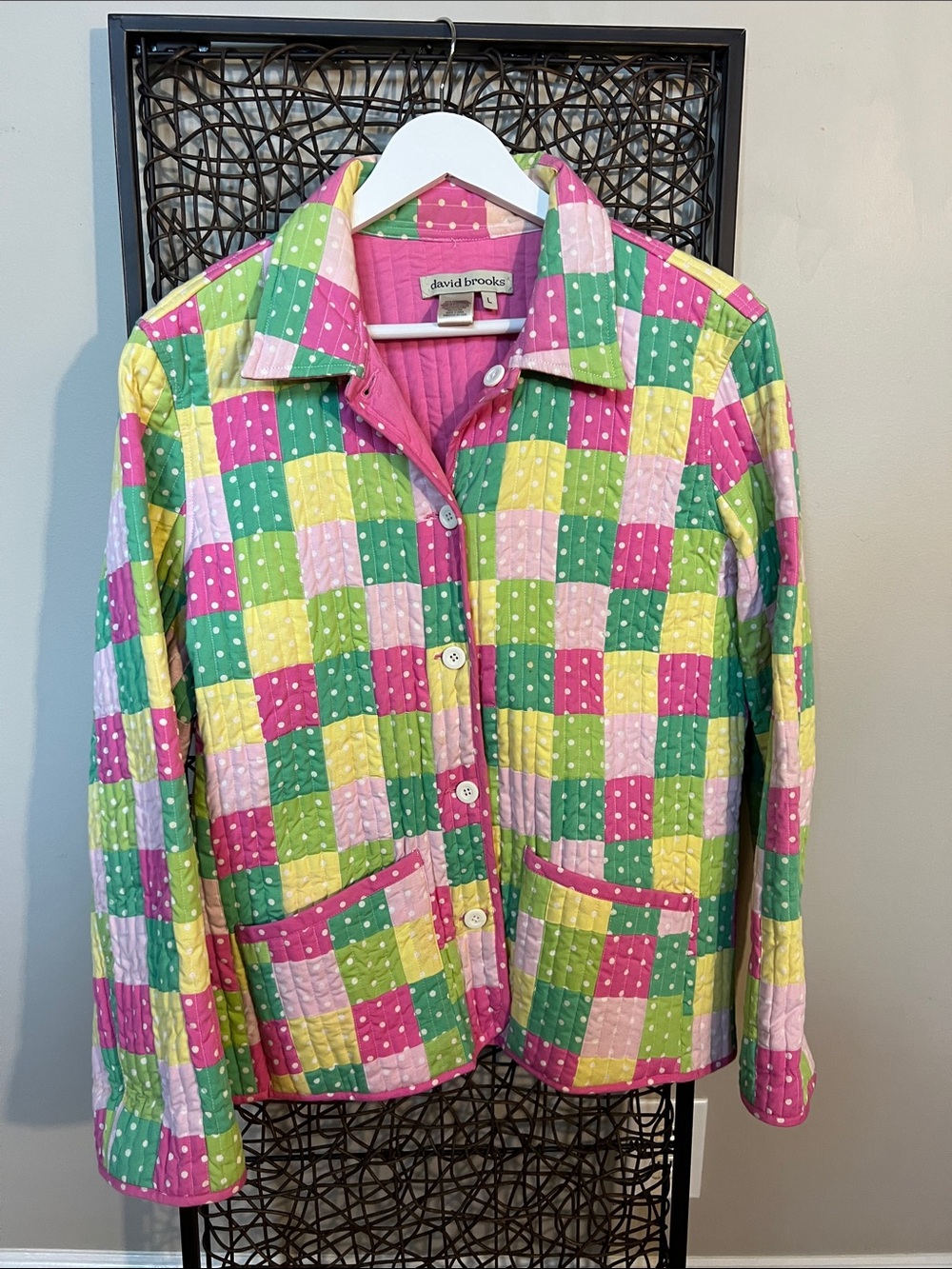 Vintage David Brooks Cotton Quilt Pink patchwork Dot Cottage Jacket Reversible L
